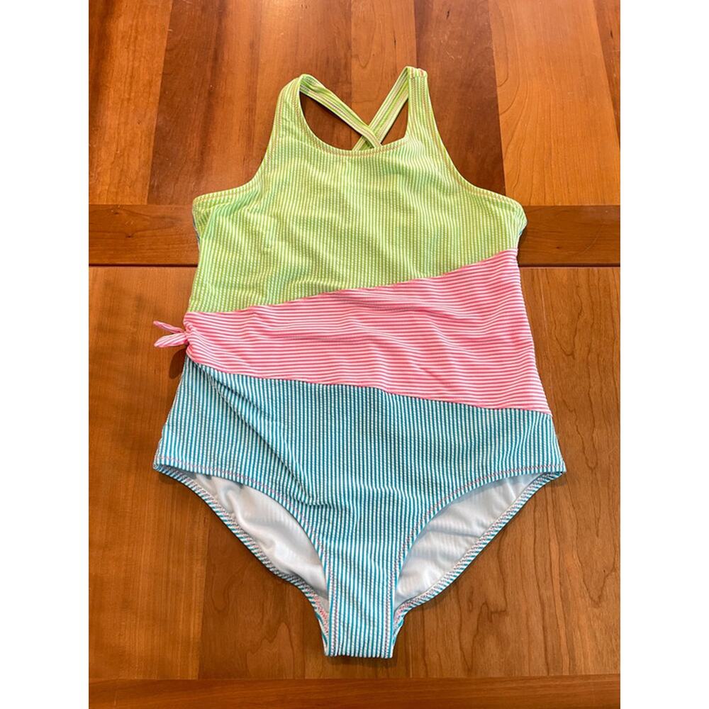 Lands End Girls One Piece Swimsuit Size 16 Colorblock Seersucker Stripe Swimwear